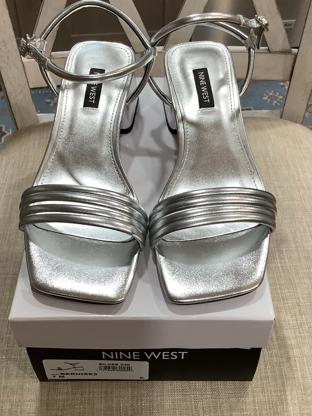 Nine West Silver Strappy Square-Toe Ankle Strap Heels